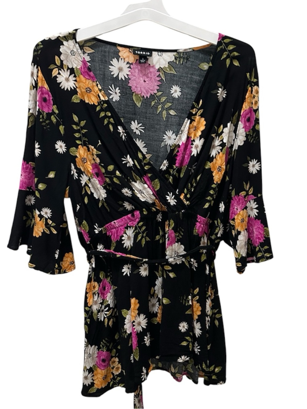 Torrid Black Floral Surplice Tie-Waist Top - Pink & Yellow Bloom